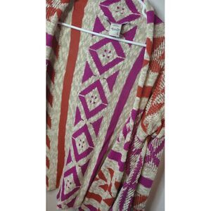 American‎ Rag Cardigan Asymmetrical Tan Magenta Burnt Orange Fringe Womens Large